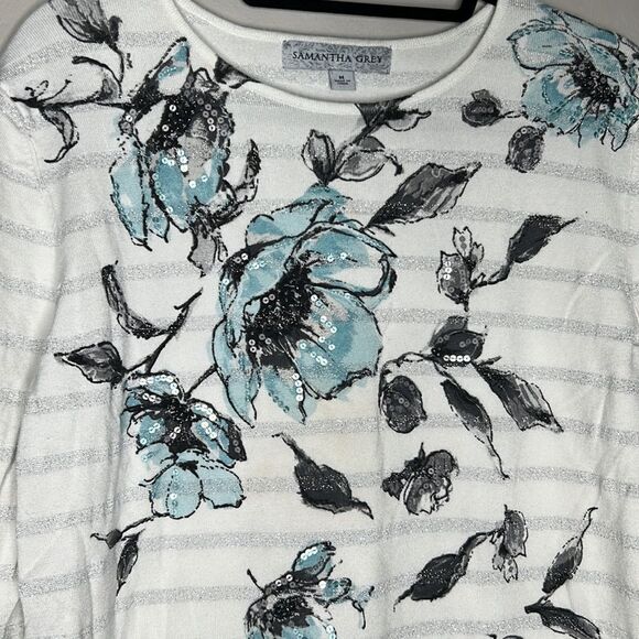 Samantha Grey, silver striped floral, sequin top size medium - Picture 3 of 11